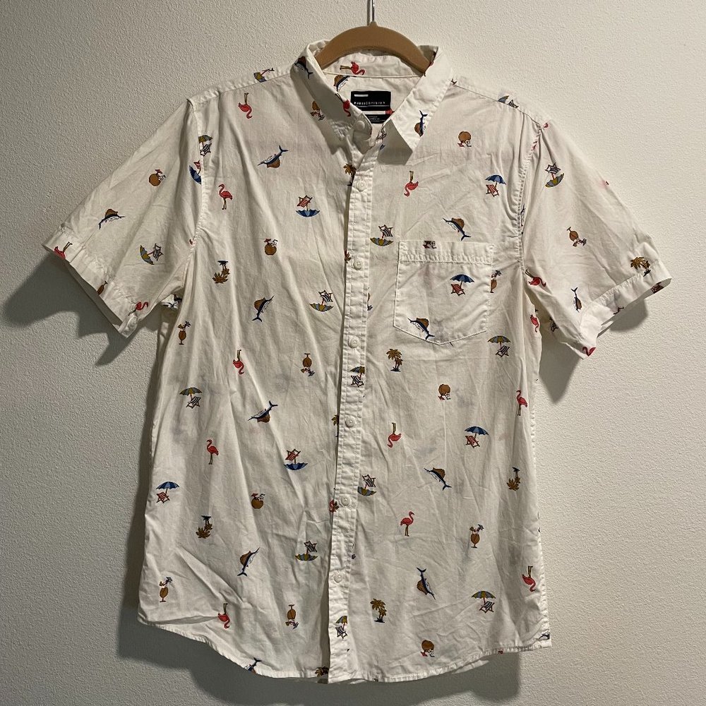 White Vacation Short Sleeve Patterned Button Down Shirt